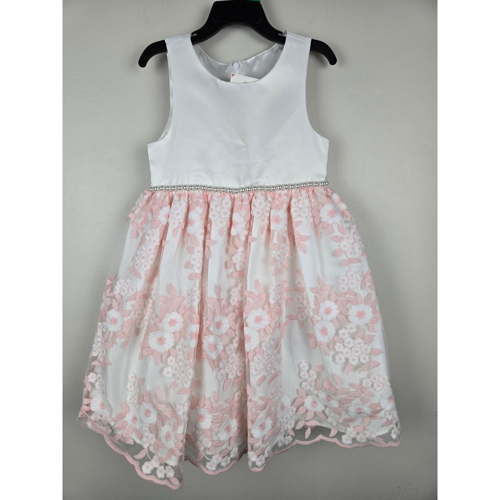 American Princess Girls Pink White Floral‎ Embroidered Pearl Tulle Dress 5